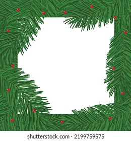 Frame background with spruce branch and red berry for Christmas card. Frame with place for text. Vector illustration
