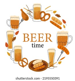 Frame background with stylized illustration mugs of beer, pretzel snack and grilled sausage on white background and text Beer time