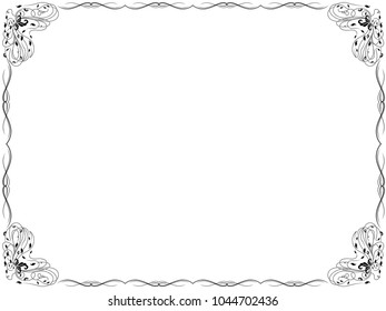 Frame background with swirl border design elements and with leaves and flowers in corners, hand drawn vector illustration
