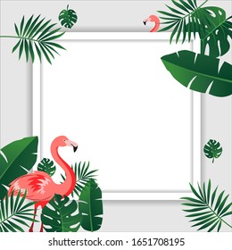 FRAME BACKGROUND TROPICAL LEAVES WITH FLAMINGO