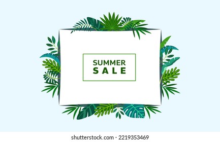 Frame Background With Tropical Style Vector Plants And Leaves Palm leaves, herbs, lush forests and natural botanical green frame.