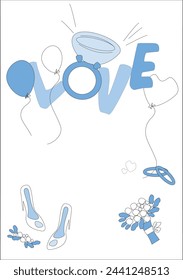 Frame, background for wedding party invitation, ballons, wedding rings, bouquet and bride's shoes.