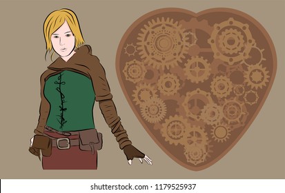 Frame backgrounds, vintage steampunk, menu with girls, cogs, heart and gears
