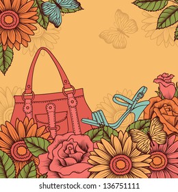 Frame with bag, shoe, flowers and butterflies