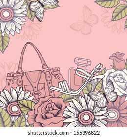 Frame with bag, shoe, flowers and butterflies 