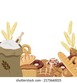 Frame Baking,bakery Products,.a Bag Of Flour, Wheat Ears On A White Background.Vector Illustration For Store Designs,bakeries,signage,food Packaging.