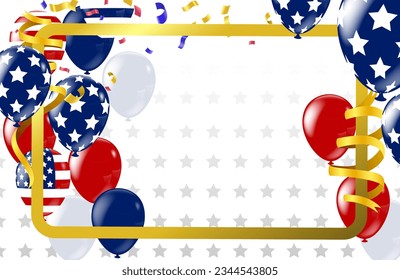 Frame with balloons, confetti and flag of USA. Vector illustration.