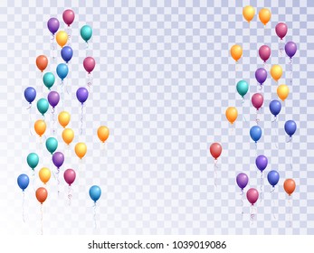 Frame of balloons group isolated vector graphic design. Birthday party decoration. Border with colorful helium flying balloons isolated bunches on transparent, party decor objects group design.