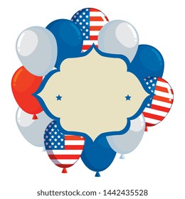 frame with balloons helium floating and usa flag