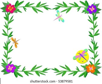 Frame with Bamboo, Flowers, and Insects Vector