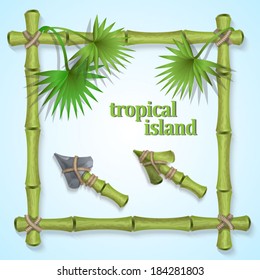 frame of bamboo leaves with palm trees and two types of cursors for website design in the style of tropical islands.