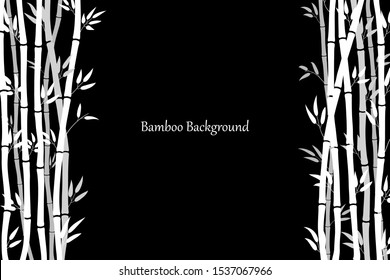 Frame of bamboo sticks and leaves. Background template with bamboo stems. White silhouette on a black background. Vector illustration. Minimalistic style.