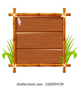 Frame from bamboo sticks, wooden planks decorated with rope, grass and liana in comic cartoon style isolated on white background. Border, jungle panel textured and detailed. Game asset, menu