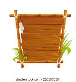 Frame from bamboo sticks, wooden planks decorated with rope, grass and liana in comic cartoon style isolated on white background. Border, jungle panel textured and detailed. Game asset, menu