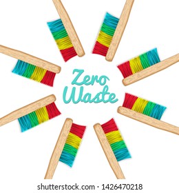 Frame of bamboo toothbrushes with multicolored bristles. Ecological poster, preservation of the environment. Banner for advertising biodegradable products Zero waste. White background. Vector