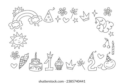 Frame, banner  Birthday. Set Cute badges, cartoon birthday attributes. Children's holiday, magical doodles. Vector illustration, sketch. Sweets, candles, cap, crown, numbers. Line icons.