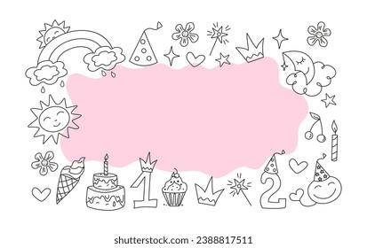 Frame, banner  Birthday. Set Cute badges, cartoon birthday attributes. Children's holiday, magical doodles. Vector illustration, sketch. Sweets, candles, cap, crown, numbers. Line icons.