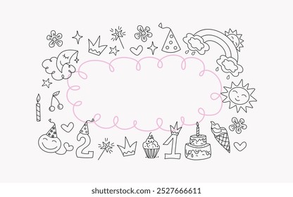 Frame, banner  Birthday. Set Cute badges, cartoon birthday attributes. Children's holiday, magical doodles. Vector illustration, sketch. Sweets, candles, cap, crown, numbers. Line icons.