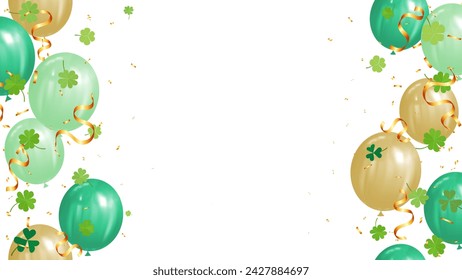 frame banner celebration party with green balloons, clover leaves and gold confetti luxury party. event