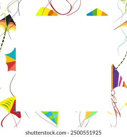 Frame banner with colored flying kites for school diploma or certificate, illustration of festival, poster celebration design, decoration indian,kite flying, culture banner frame vector