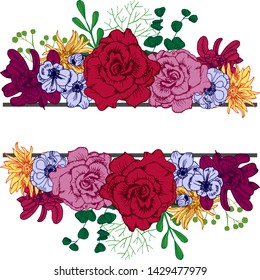 frame, banner flowers hand drawn for invitation, postcard, sale