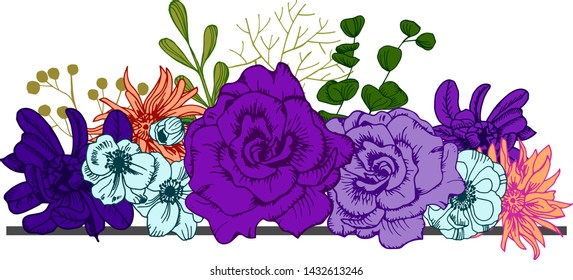 frame, banner with flowers for invitation, postcard, sale, hand drawn