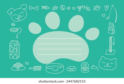 Frame, banner, flyer cartoon dog, cat; paw prints, pet food and toys. Drawings linear icons with animals in doodle style. Vector background for print design. Postcard with place for text. 