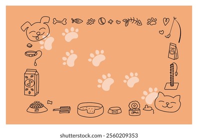 Frame, banner, flyer. Cartoon dog, cat; paw prints, pet food and toys. Drawings linear icons with animals, doodle. Postcard with place for text. Products for pets. Promotion concept, selling goods 