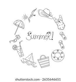  Quadro, faixa, letras à mão. Praia de verão. Atributos de desenhos animados de férias à beira-mar, férias, viagens, ícones lineares. Ilustração, fundo isolado. Inserir para texto.