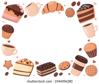 Frame banner made of sweets. Set of desserts in cartoon style. Isolated on a white background.
