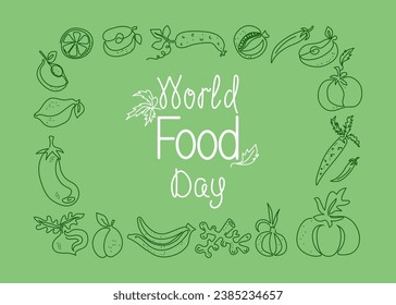 Frame banner with set of vegetables, fruits. World Food Day. Line art. The food is vegetarian organic. Contour drawings, calligraphy lettering. Vector graphics. Isolated background.