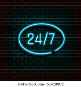 Frame banner in the shape of an ellipse. Open 24/7 Hours Neon Light on Brick Wall.Vector Illustration.