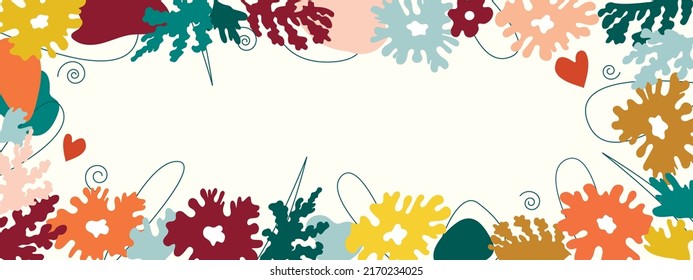 Frame, banner from simple botanical vectorial elements are flowers and leaves abstract, hand different forms, undercuts from a paper, fashionable modern background with a mestome for text