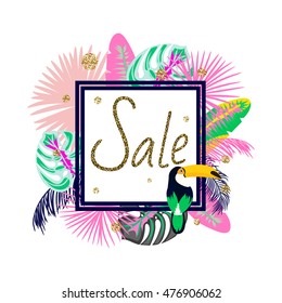 Frame banner for summer sale advertisement. Palm purple and pink leaves flyer with toucan on frame for fashion or cosmetics shop. Sale ad vector illustration.