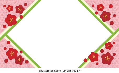 Frame banner with transparent center with red plum blossoms scattered on pink background divided into diamond shape