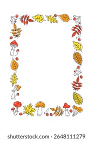 Frame, banner vertical, rectangular, autumn leaves, fly agarics, mushrooms, berries. Natural background. Place for text, postcard, invitation. Harvest festival. Leaf fall. Doodle style drawing.