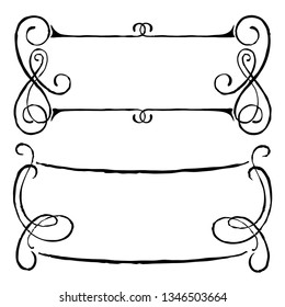 Frame, banners with vignette elements. Black color, roughen edges. Sign, text decoration.