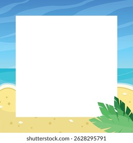 Frame with beach, ocean and sky with white background for text. Summer. Vacation, holidays.