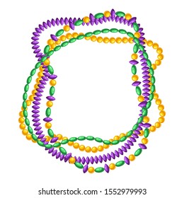 Frame with beads in Mardi Gras colors. Carnival background for traditional holiday or festival.