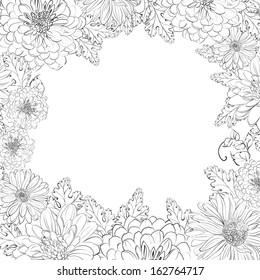 Frame of beautiful chrystant flowers, isolated on biege. Vector illustration.