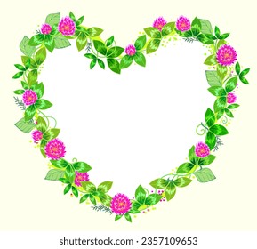 Frame with beautiful clover flowers. Floral illustration. Heart shaped template for print, design, decoration or greeting card. Abstract background. Vector drawing.