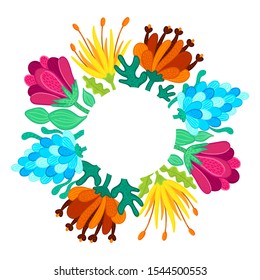Frame with beautiful colorful flowers. Speckled petals. Hand-drawn plants. Floral arrangement. Composition for design of card, wedding invitation, poster, flyer, print on clothes, banner. Vector