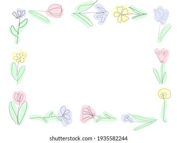 frame beautiful flowers on the white background, one continuous line, black outline art, floral vector elements, botany set 
