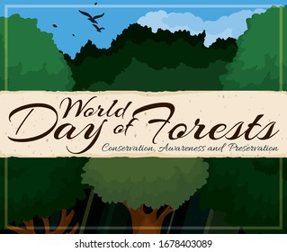 Frame with beautiful postcard of a serene grove view, with tall trees, sky view and greeting scroll promoting World Day of Forests and some precepts: conservation, awareness and sustainability.