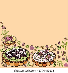 Frame of beautiful sweets on one side with hearts, strawberry, cream, apples, raspberries, roses and flowers