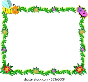 Frame of Bee, Ladybug, Vines, and Flowers Vector