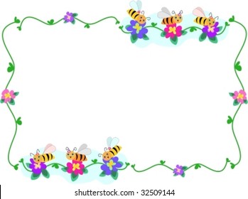 Frame of Bee Trios and Flowers Vector