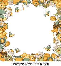 Frame. Beehive, bees, honey, honeycomb, pot, teapot, cup, spoon, flower. Vector illustration.