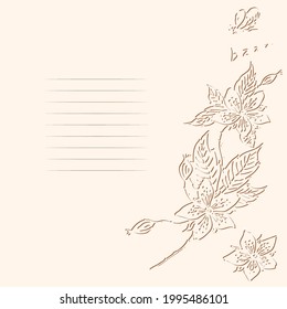 Frame with bees and blooming raspberry branch. Hand drawn vector illustration. Element for your design.