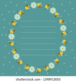 Frame of bees and flowers in a circle. Place for text from dashed lines. Turquoise card. Vector image.
